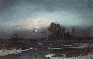 秋天的风景与月光下的沼泽河 Autumn Landscape with a swampy river in the moonlight (1871)，阿列克谢·孔德拉季耶维奇·萨伏拉索夫