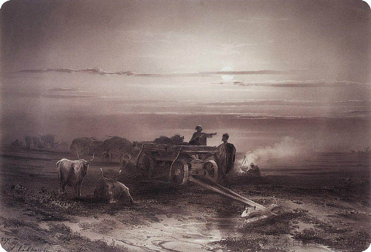 沙漠车队丘马科夫的露营地 Bivouac in the desert convoy Chumakov (1867)，阿列克谢·孔德拉季耶维奇·萨伏拉索夫