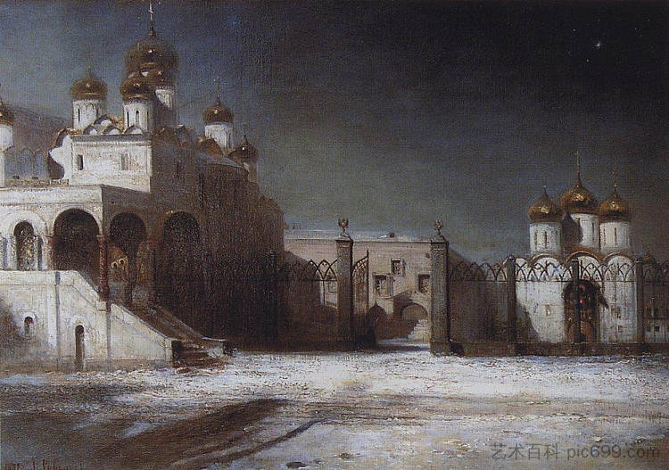 莫斯科克里姆林宫的大教堂广场在晚上 Cathedral Square in the Moscow Kremlin at night (1878)，阿列克谢·孔德拉季耶维奇·萨伏拉索夫