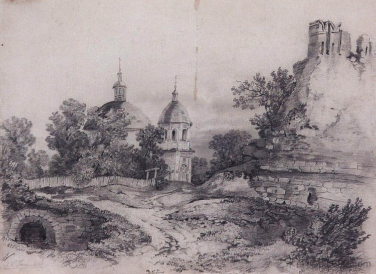 景观与教堂和废墟 Landscape with Church and the ruins (1861),阿列克谢·孔德拉季耶维奇·萨伏拉索夫