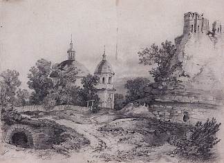 景观与教堂和废墟 Landscape with Church and the ruins (1861)，阿列克谢·孔德拉季耶维奇·萨伏拉索夫