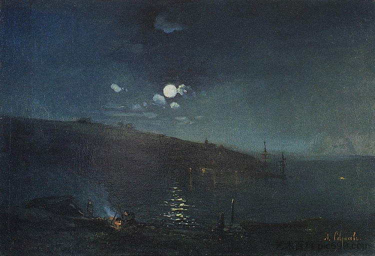月夜。有火的景观 Moonlit night. Landscape with fire (1880 - c.1890),阿列克谢·孔德拉季耶维奇·萨伏拉索夫