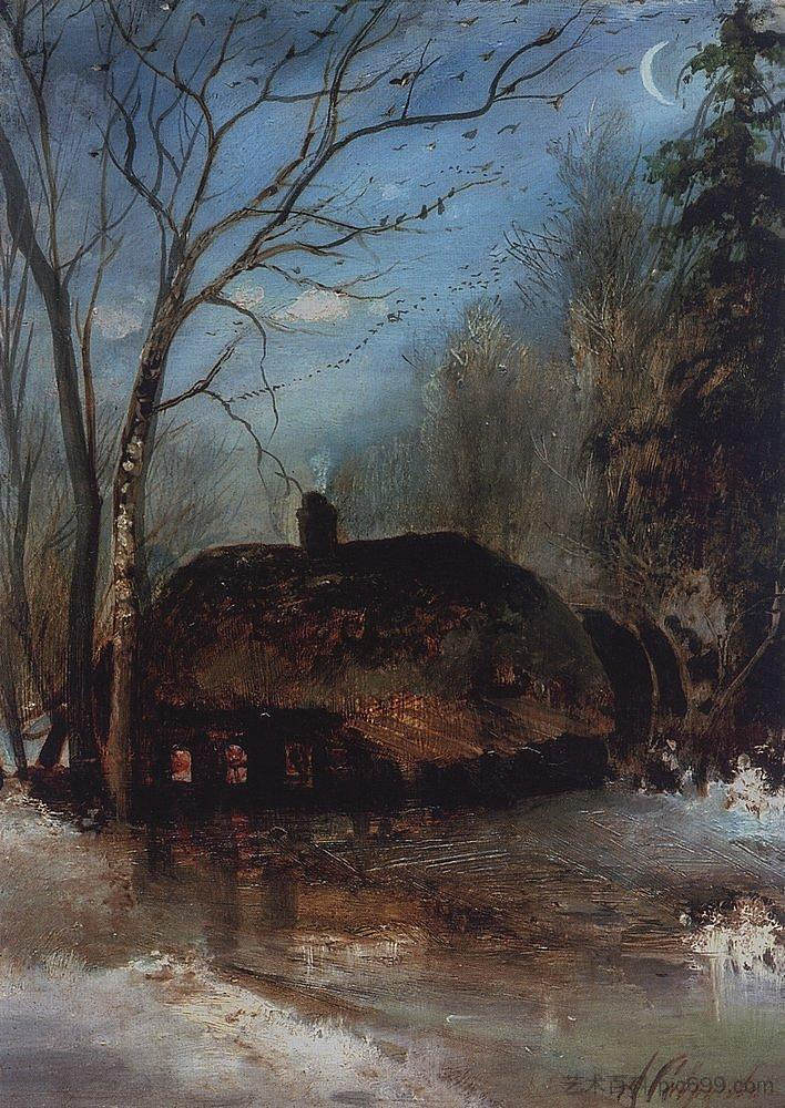 带小屋的春季景观 Spring landscape with cottage (1890),阿列克谢·孔德拉季耶维奇·萨伏拉索夫