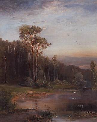 河边有松树的夏季景观 Summer landscape with pine trees near the river (1878)，阿列克谢·孔德拉季耶维奇·萨伏拉索夫