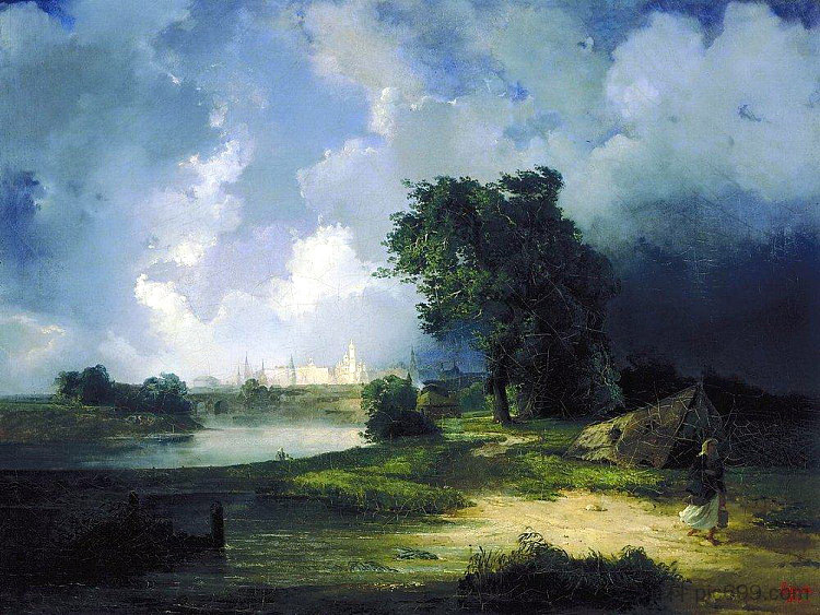 恶劣天气下克里姆斯基桥的克里姆林宫景色 View of the Kremlin from the Krimsky Bridge in Inclement Weather (1851),阿列克谢·孔德拉季耶维奇·萨伏拉索夫