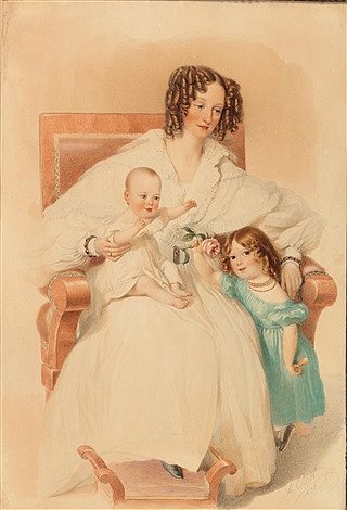 一位年轻母亲与儿子和女儿的肖像 A portrait of a young mother with her son and daughter (1838)，亚历山大·克拉罗