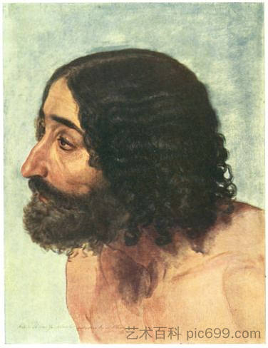 一个男人的头。研究麻痹者的形象,为画作“基督向人民显现”。 Head of a man. Study of the figure of paralytic for the painting "The Appearance of Christ to the People".,亚历山大·伊万诺夫