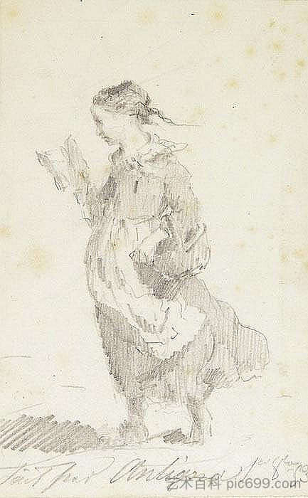女孩大步走出去看书 Girl striding out reading a book (1853)，亚历山大·安提尼亚