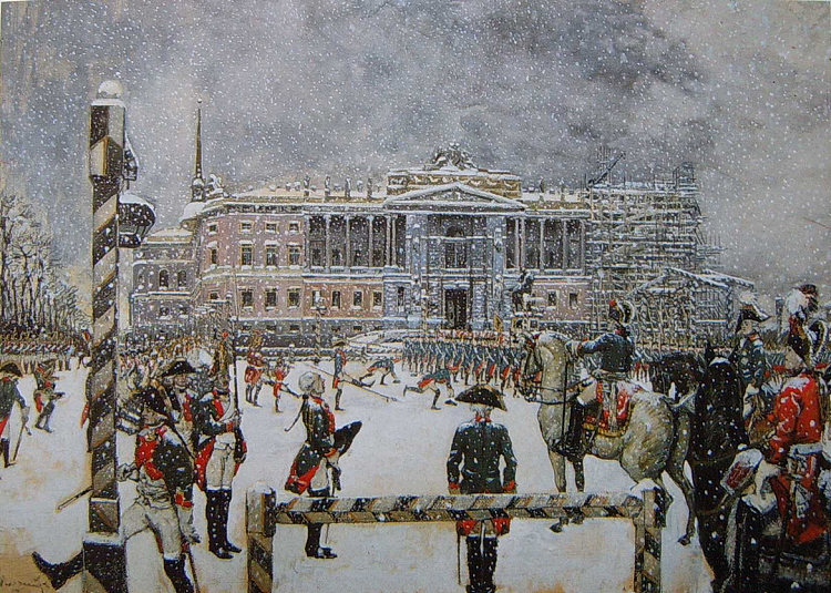 保罗皇帝在米哈伊洛夫斯基城堡前的阅兵式 Military Parade of Emperor Paul in front of Mikhailovsky Castle (1907)，亚历山大·班耐瓦