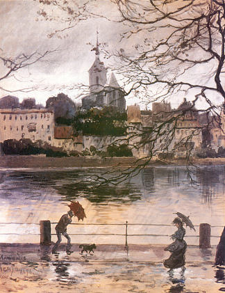 雨中的巴塞尔雷堤 Ray Embankment in Basel in the rain (1896)，亚历山大·班耐瓦