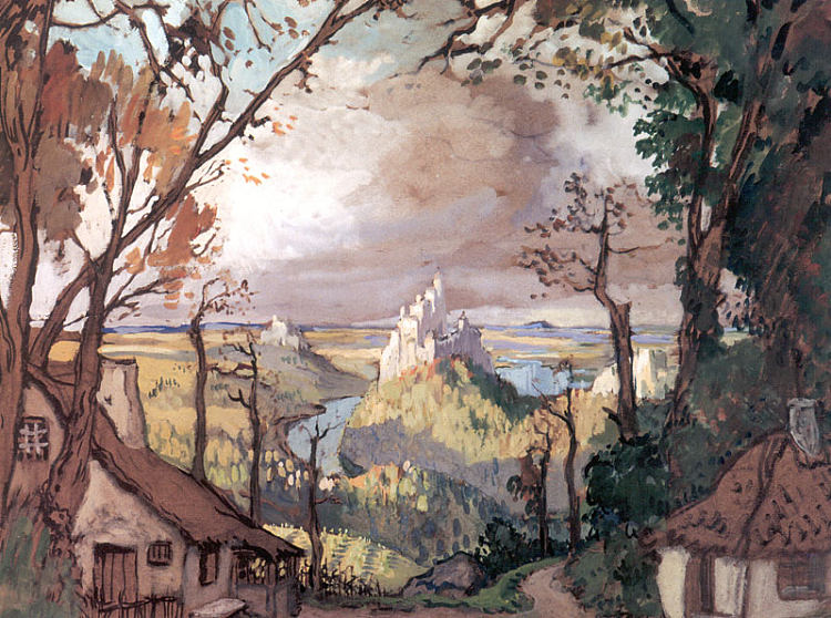 乡村景观。阿丹芭蕾舞剧《吉赛尔》布景设计 Rural landscape. Set Design for Adan's ballet "Giselle" (1910)，亚历山大·班耐瓦