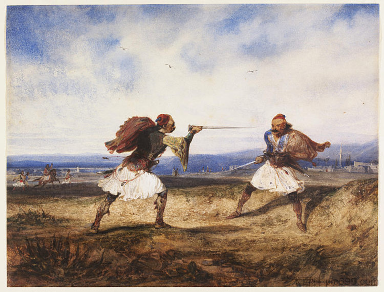 奥斯曼帝国统治期间阿尔巴尼亚南部某处的阿尔巴尼亚决斗 Albanian Duel Somewhere in South of Albania During Ottoman Reign (1828),亚历山大-加布里埃尔·迪坎普斯