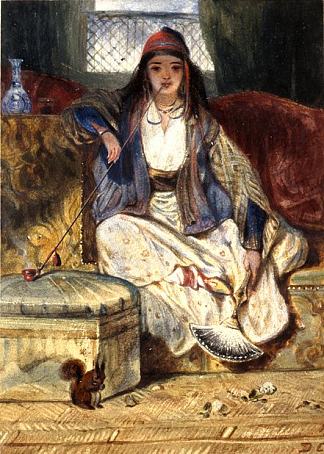 塞浦路斯妇女抽着奇布克 Cypriot Woman Smoking a Chibouk，亚历山大-加布里埃尔·迪坎普斯