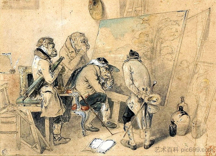 画家工作室的专家（猿人检查一幅画） Experts in the Painter's Atelier (Ape-men Examining a Painting) (c.1837)，亚历山大-加布里埃尔·迪坎普斯