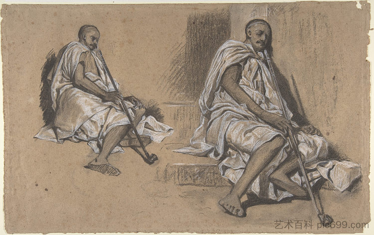 对坐着的阿拉伯人拿着烟斗的两项研究 Two Studies of a Seated Arab with a Pipe，亚历山大-加布里埃尔·迪坎普斯