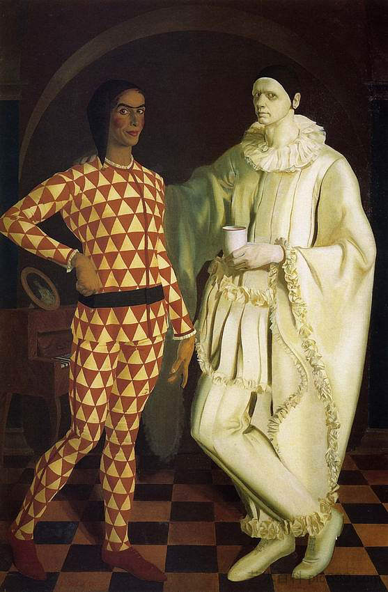 自画像（丑角和皮埃罗）-与瓦西里·舒哈耶夫 Self-Portraits (Harlequin and Pierrot) - with Vasiliy Shukhaev (1914)，亚历山大雅各布夫列夫