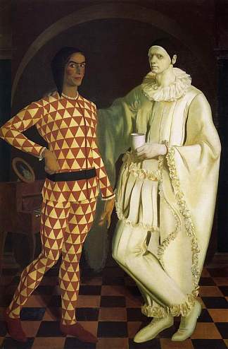 自画像（丑角和皮埃罗）-与瓦西里·舒哈耶夫 Self-Portraits (Harlequin and Pierrot) – with Vasiliy Shukhaev (1914)，亚历山大雅各布夫列夫