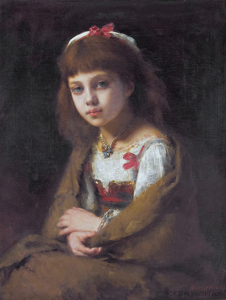 戴珍珠项链的年轻女孩 Young girl with a pearl necklace (1881)，阿列克谢·哈拉莫夫