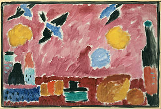 静物与瓶子，面包和红色壁纸与燕子 Still Life with Bottle, Bread and red Wallpaper with Swallows (1915)，阿历克谢·冯·亚夫伦斯基