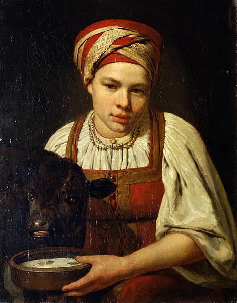 一个农家女孩和一头小牛 A Peasant Girl with a Calf，维涅齐昂诺夫