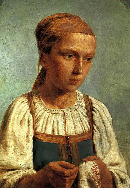 刺绣的农家女孩 A Peasant Girl with Embroidery (1843)，维涅齐昂诺夫