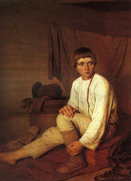 农民男孩穿上韧皮凉鞋 Peasant Boy Putting on Bast Sandals (1823 - 1827)，维涅齐昂诺夫