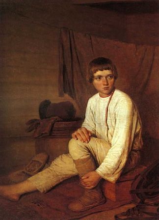 农民男孩穿上韧皮凉鞋 Peasant Boy Putting on Bast Sandals (1823 – 1827)，维涅齐昂诺夫