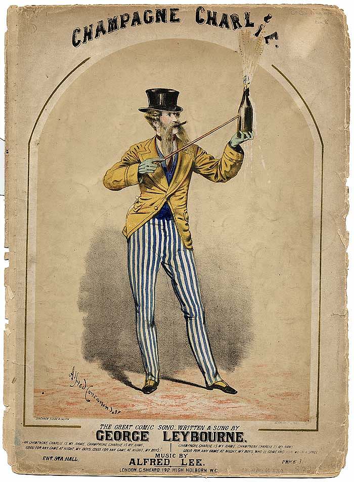 《查理香槟》封面设计，乔治·莱伯恩演唱 Cover design for Champagne Charlie, sung by George Leybourne (1867)，阿尔弗雷德·康卡宁