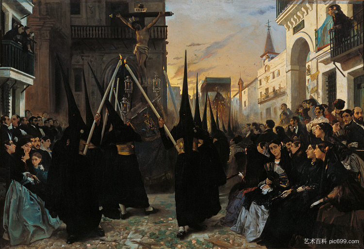塞维利亚热诺瓦街游行中的兄弟会 A Confraternity in Procession along Calle Génova, Seville (1851)，阿尔弗雷德·德霍登克