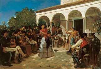 在查理五世亭前的阿尔卡萨花园里跳吉普赛舞 A Gypsy Dance in the Gardens of the Alcázar, in Front of Charles V Pavilion (1851)，阿尔弗雷德·德霍登克