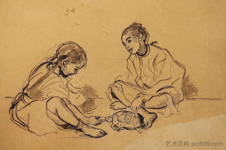 两个孩子坐在海龟里玩耍 Two children sitting playing with a turtle，阿尔弗雷德·德霍登克