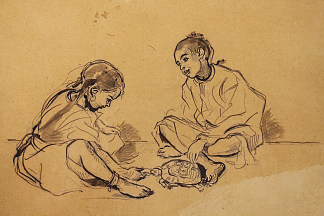 两个孩子坐在海龟里玩耍 Two children sitting playing with a turtle，阿尔弗雷德·德霍登克