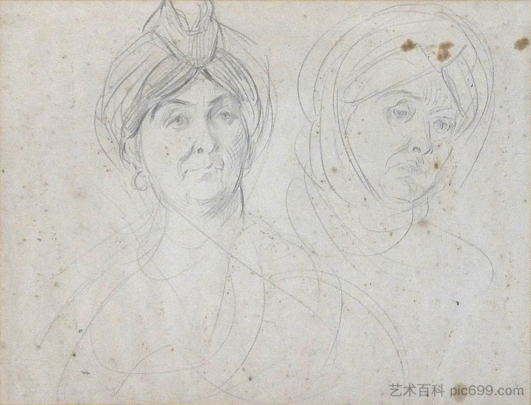 头巾人物研究(可能是“犹太新娘”的研究) Study of turbaned figures (probably study for "the Jewish Bride") (c.1879),阿尔弗雷德·德霍登克
