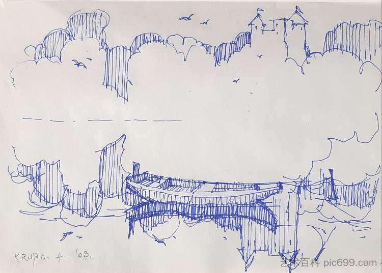 素描本页面。奇幻景观 The sketchbook page. The fantasy landscape (2003; Croatia  )，阿尔弗雷德·弗雷迪·克鲁帕