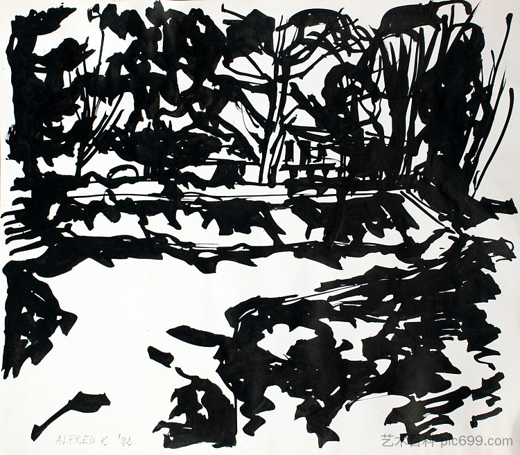 科拉纳河上的城市海滩(沙滩) City beach (sandy) on the river Korana (1992; Karlovac,Croatia ),阿尔弗雷德·弗雷迪·克鲁帕