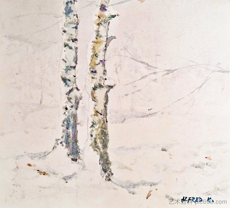 冬天的两棵桦树在户外 Two birches in winter en plein air (1996; Karlovac,Croatia  )，阿尔弗雷德·弗雷迪·克鲁帕