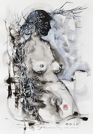 穿着透明灰色纱布服装蒙面的女孩（COVID-19艺术品No.1） Girl masked in a transparent gray gauze costume (COVID-19 artwork no.1) (2020; Croatia                     )，阿尔弗雷德·弗雷迪·克鲁帕