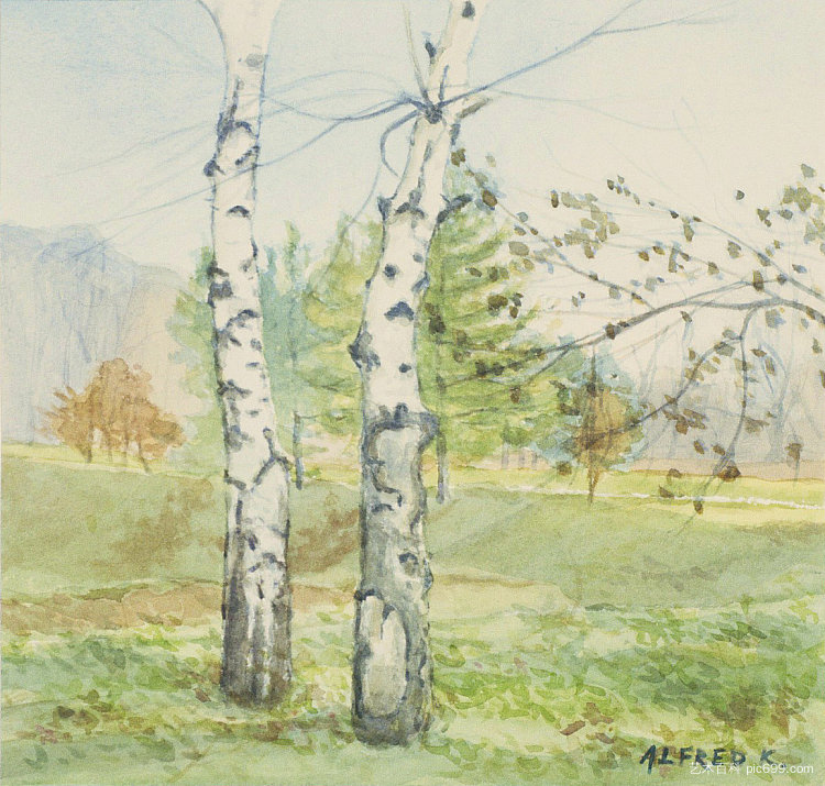 秋天的两棵桦树在户外空气中 Two birches in autumn en plein air (1995; Karlovac,Croatia  )，阿尔弗雷德·弗雷迪·克鲁帕
