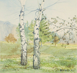 秋天的两棵桦树在户外空气中 Two birches in autumn en plein air (1995; Karlovac,Croatia                     )，阿尔弗雷德·弗雷迪·克鲁帕