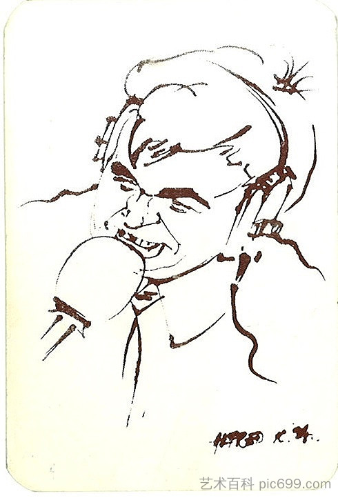 电台经理布兰科·奥布拉多维奇-基纳的漫画 Caricature of the radio manager Branko Obradović-Kina (1994; Karlovac,Croatia  )，阿尔弗雷德·弗雷迪·克鲁帕