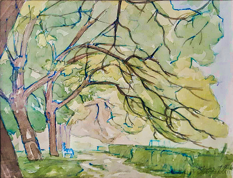 春天在公园里，靠近儿童钟摆（早期的户外空气工作） In the spring in the park, near the children's pendulum (early plein air work) (1992; Croatia  )，阿尔弗雷德·弗雷迪·克鲁帕