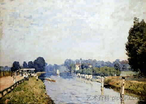 河岸（泰晤士汉普顿宫，十月的第一周） Banks of rivers (the Thames Hampton Court, first week of October) (1874)，阿尔弗莱德·西斯莱