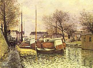 巴黎圣马丁运河上的驳船 Barges on the Canal Saint Martin in Paris (1870)，阿尔弗莱德·西斯莱