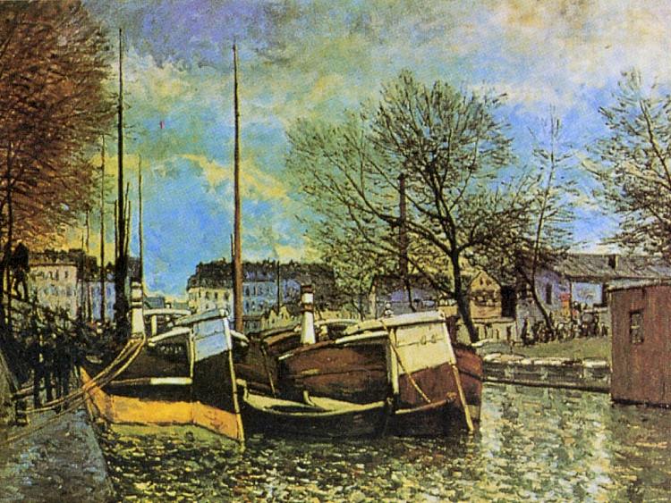 圣马丁运河上的驳船 Barges on the Saint Martin Canal (c.1872)，阿尔弗莱德·西斯莱