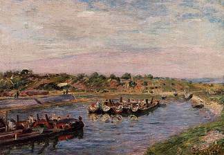 圣玛梅斯洛因运河上的闲置驳船 Idle Barges on the Loing Canal at Saint Mammes (1885)，阿尔弗莱德·西斯莱