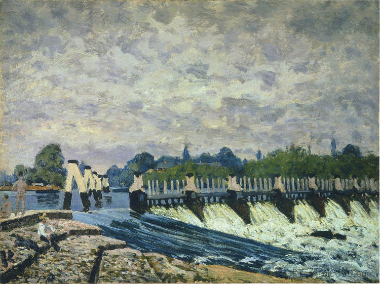 莫尔西·威尔在汉普顿宫早晨 Molesey Weir at Hampton Court Morning (1874)，阿尔弗莱德·西斯莱