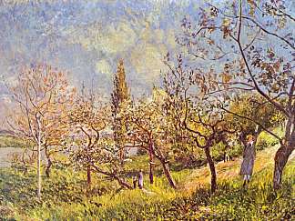 春天的果园 Orchard in spring (1881)，阿尔弗莱德·西斯莱