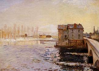 雪下的莫雷特桥和磨坊 The Moret Bridge and Mills under Snow (1890)，阿尔弗莱德·西斯莱