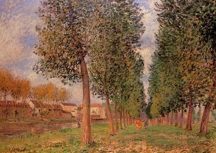 莫雷特的白杨大道，阴天，早晨 The Poplar Avenue at Moret, Cloudy Day, Morning (1888)，阿尔弗莱德·西斯莱