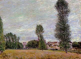 从田野里看到的莫雷特村 The Village of Moret, Seen from the Fields (1886)，阿尔弗莱德·西斯莱